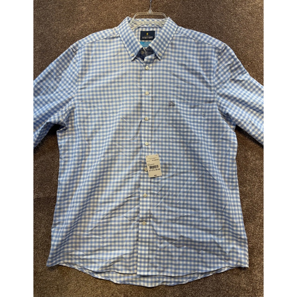 Stafford Mens Slim Fit Blue Gingham Button‎ Down Shirt XL Coolmax All Season
